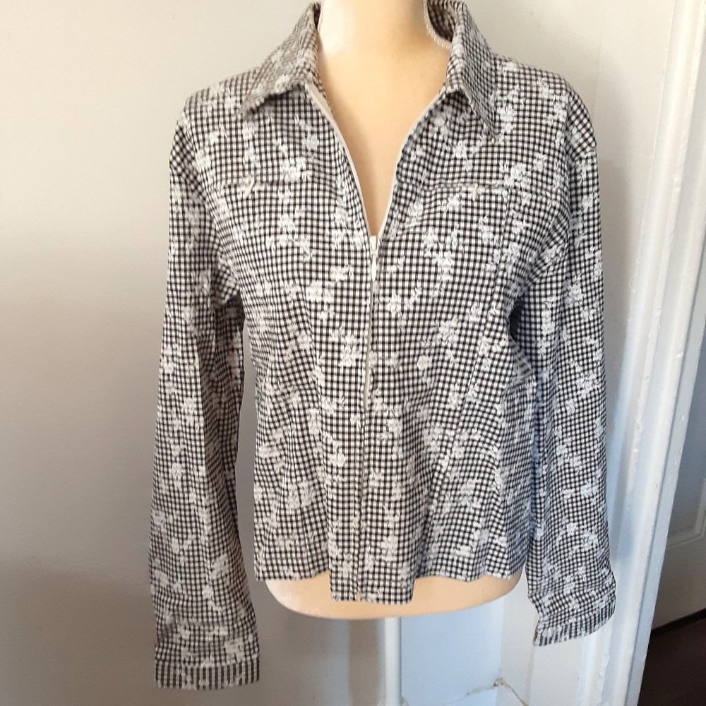 Seasons black white floral gingham jacket/top L full zip cottage core